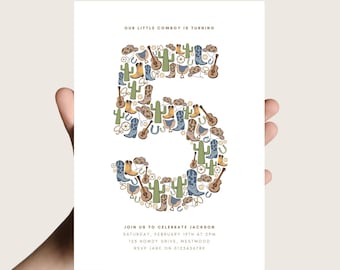 5th Western Invitation for Boy Cowboy Birthday Digital Template First Rodeo Invite Editable Download Fifth Birthday Minimal Blue Howdy HS8