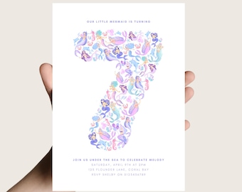 7th Mermaid Invitation for Girl Under The Sea Birthday Digital Template Little Mermaid Invite Editable Download Seventh Birthday Pastel HS9