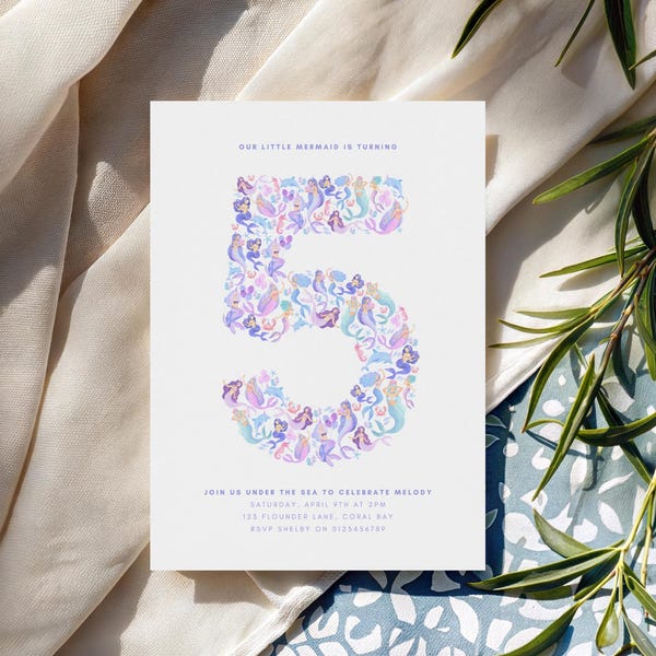 5th Mermaid Invitation for Girl Under The Sea Birthday Digital Template Little Mermaid Invite Editable Download Fifth Birthday Pastel HS9