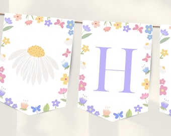 Wildflower Birthday Banner for Girl Flower Birthday Bunting Digital Template Flower Banner Editable Download First Birthday Spring HS0004