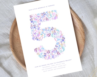 5th Mermaid Invitation for Girl Under The Sea Birthday Digital Template Little Mermaid Invite Editable Download Fifth Birthday Pastel HS9