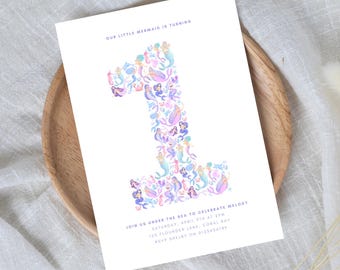 1st Mermaid Invitation for Girl Under The Sea Birthday Digital Template Little Mermaid Invite Editable Download First Birthday Pastel HS9