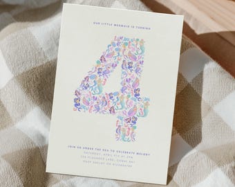 Invitación de cuarto cumpleaños de sirena para niña, plantilla digital de cumpleaños bajo el mar, invitación de la Sirenita editable, descarga para cuarto cumpleaños, pastel HS9