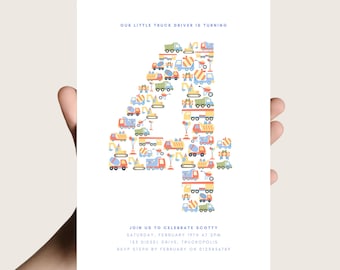4th Construction Invitation for Boy Truck Birthday Digital Invitation Dump Everything Invite Editable Download Fourth Birthday Trucks HS0006
