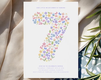 7th Wildflower Invitation for Girl Flower Birthday Digital Template Flower Invite Editable Download Seven Birthday Spring Pastel HS0004