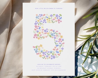 5th Wildflower Invitation for Girl Flower Birthday Digital Template Flower Invite Editable Download Fifth Birthday Spring Pastel HS0004
