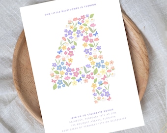 4th Wildflower Invitation for Girl Flower Birthday Digital Template Flower Invite Editable Download Fourth Birthday Spring Pastel HS0004