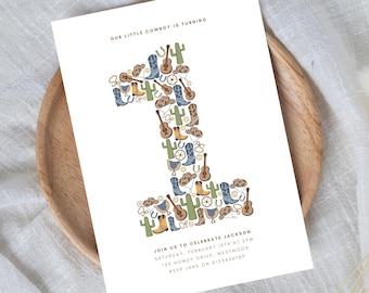 1st Western Invitation for Boy Cowboy Birthday Digital Template First Rodeo Editable Download First Birthday Invite Minimal Blue Howdy HS8