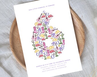 6th Western Invitation for Girl Pink Cowgirl Birthday Digital Template First Rodeo Invite Editable Download Sixth Birthday Minimal Boho HS7