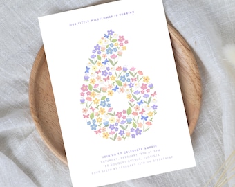 6th Wildflower Invitation for Girl Flower Birthday Digital Template Flower Invite Editable Download Sixth Birthday Spring Pastel HS0004