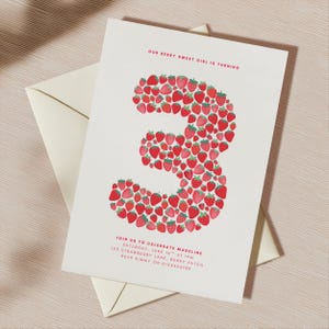 May include: A white invitation card with a large number 3 made of red strawberries. The text "OUR BERRY SWEET GIRL IS TURNING" is at the top. Below the number is the text "JOIN US TO CELEBRATE MADELINE" with event details.