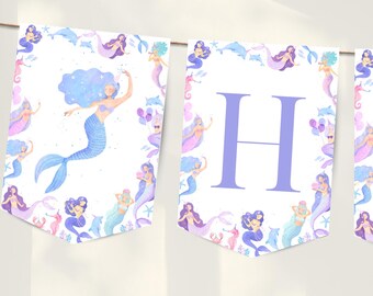 Mermaid Birthday Banner for Girl Under The Sea Birthday Bunting Digital Template Little Mermaid Bunting Shellebration Editable Download HS9
