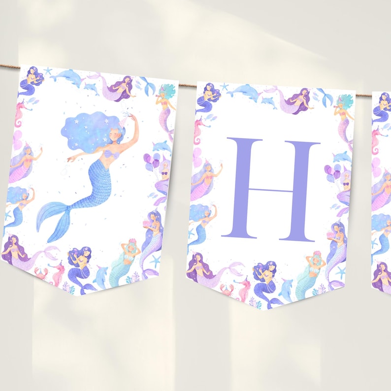 Welcome your guests in style with this beautiful mermaid happy birthday banner, perfect for any under the sea birthday shellebration. Featuring delicate, scattered little mermaids and sea creatures in a soft colour template, this design is soft, playful and perfect for a splish splash shellebration or under the sea themed party. Designed to match our mermaid birthday invitation, welcome sign and cupcake toppers.