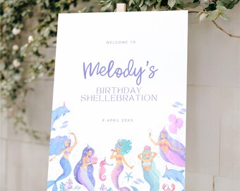 Mermaid Welcome Sign for Girl Under The Sea Birthday Welcome Sign Digital Template Shellebration Editable Download Little Mermaid Party HS9
