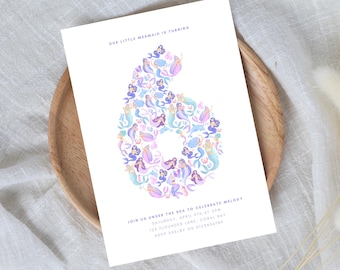 6th Mermaid Invitation for Girl Under The Sea Birthday Digital Template Little Mermaid Invite Editable Download Sixth Birthday Pastel HS9