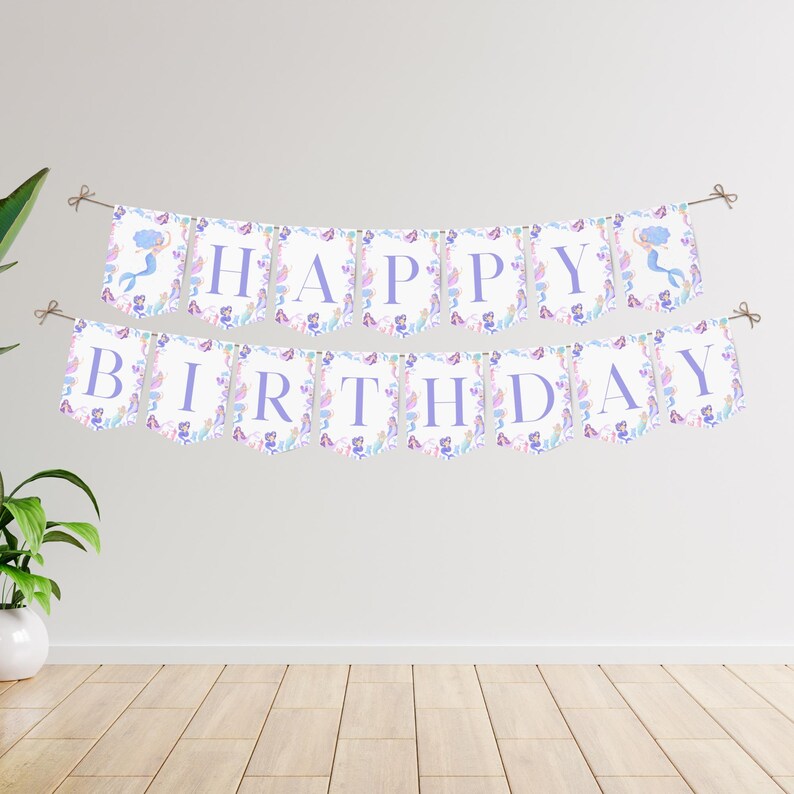 Welcome your guests in style with this beautiful mermaid happy birthday banner, perfect for any under the sea birthday shellebration. Featuring delicate, scattered little mermaids and sea creatures in a soft colour template, this design is soft, playful and perfect for a splish splash shellebration or under the sea themed party. Designed to match our mermaid birthday invitation, welcome sign and cupcake toppers.