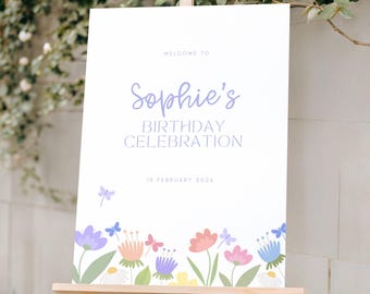 Wildflower Welcome Sign for Girl Flower Birthday Welcome Sign Digital Template Spring Welcome Editable Download Soft Floral Party HS0004.