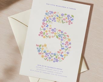 5th Wildflower Invitation for Girl Flower Birthday Digital Template Flower Invite Editable Download Fifth Birthday Spring Pastel HS0004