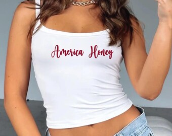 Camiseta sin mangas con tirantes y bordado de miel americana, top personalizado para vacaciones, camiseta sin mangas estilo nadadora para el 4 de julio, camiseta sin mangas de tirantes finos para mujer, conjunto para chicas guapas