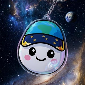May include: A clear acrylic keychain featuring a cartoon character with a smiling face and pink cheeks. The character wears a blue hat with a globe design and a dark blue band with gold stars. A silver chain and ring are attached.