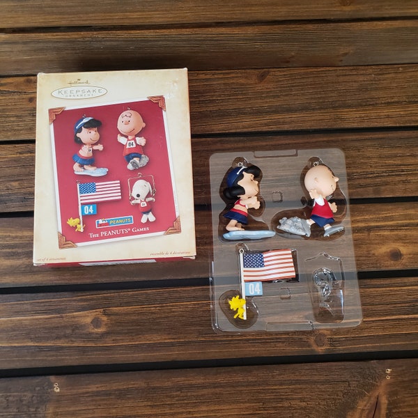 Hallmark Keepsake Ornament Set, The Peanuts Games 2004, Charlie, Lucy, and Woodstock.