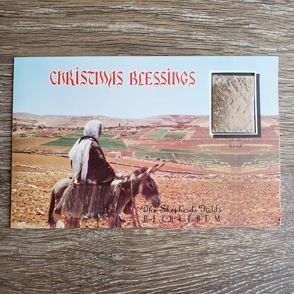 Vintage Christmas Blessings Holy Land Souvenir Christmas Card with Shepherds Field Soil.