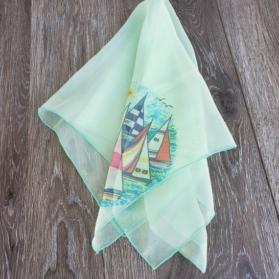 Vintage Pale Green Sheer Sailboat Scarf 1970's - image 1