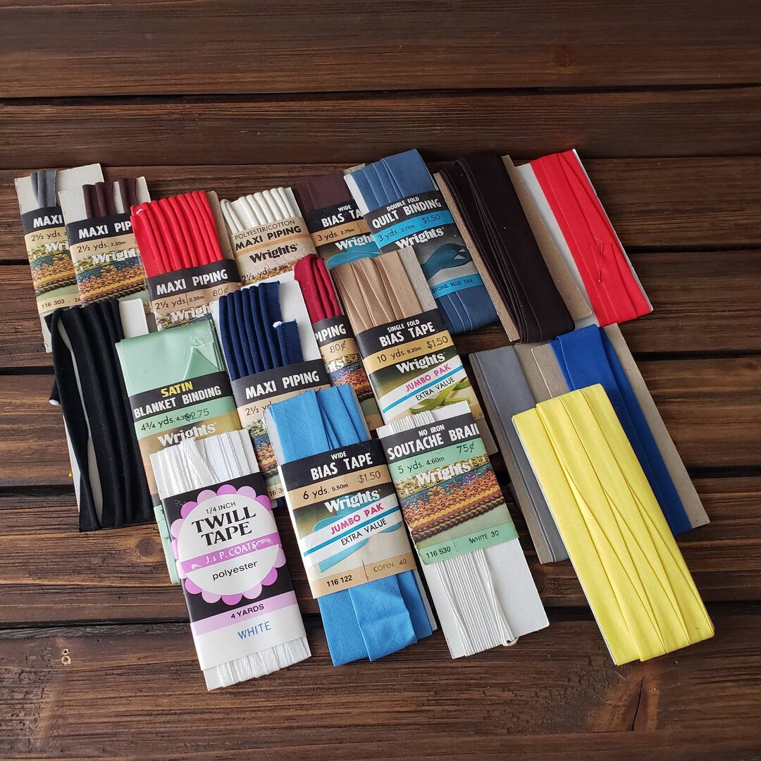 Vintage Lot, Bias Tape and Piping in Assorted Sizes, Lengths, Colors