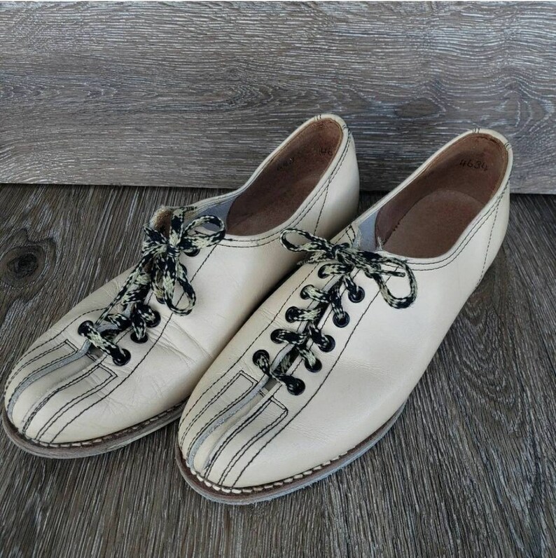 Vintage Leather Bowling Shoes, Creme Tan with Black Thread, Women's 6.5B