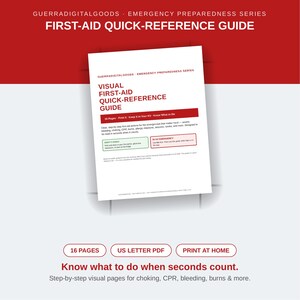 Könnte beinhalten: Ein weißes Dokument mit dem Titel Visual First-Aid Quick-Reference Guide mit rotem Text und Akzenten. Es umfasst 16 Seiten im PDF-Format für den Heimdruck und enthält Schritt-für-Schritt-Anleitungen für Notfälle wie Ersticken und CPR.