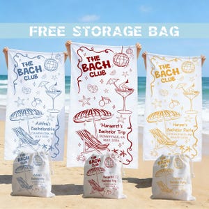 May include: Three white rectangular beach towels and three matching drawstring storage bags, each featuring a printed design of a disco ball, cocktail glass, beach umbrella, and lounge chair with the text THE BACH CLUB and custom event details.