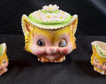 Vintage Enesco Winking Kitty Cat Set - Cookie Jar , Creamer, Sugar Jar
