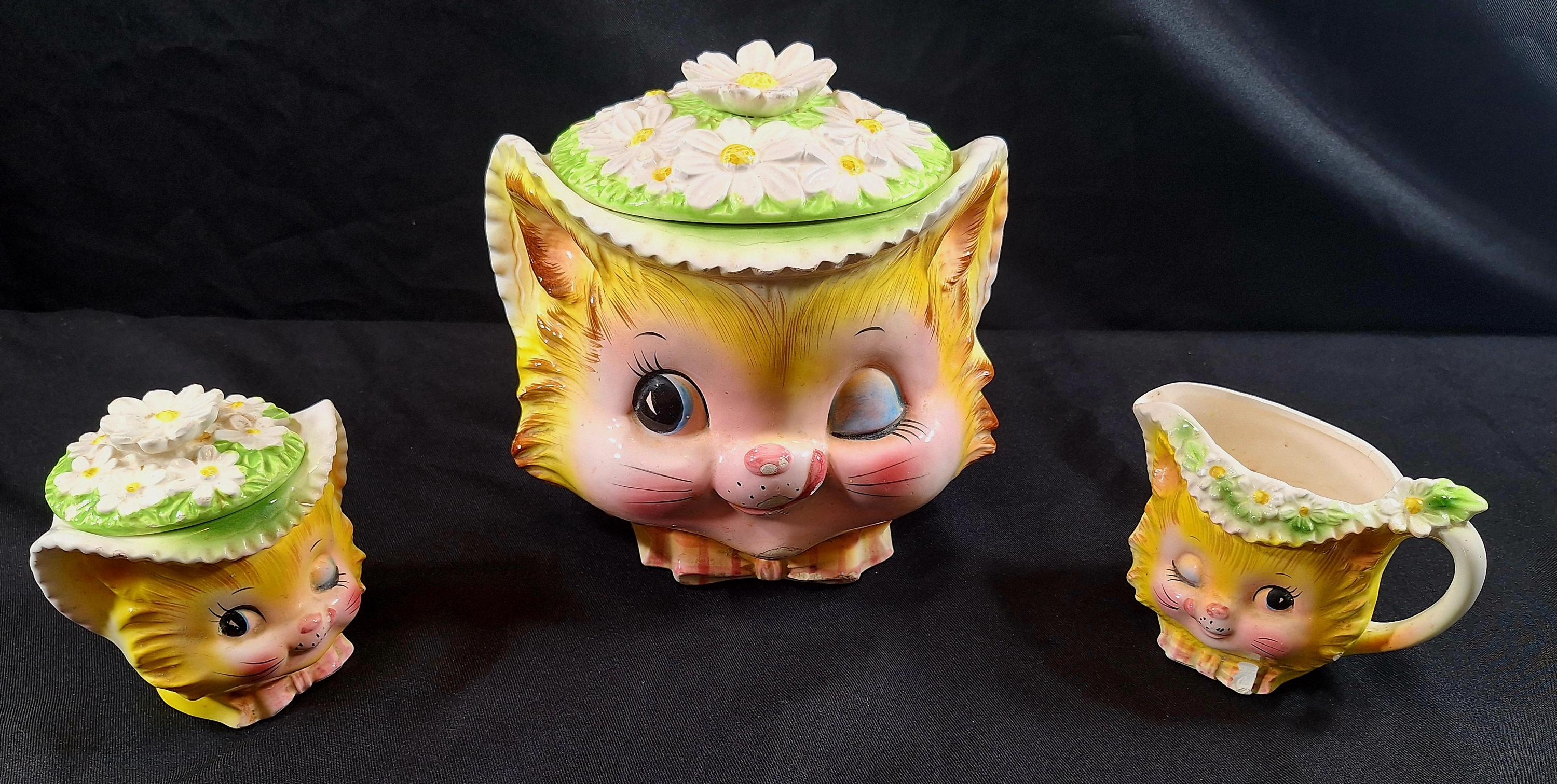 Vintage Enesco Winking Kitty Cat Set - Cookie Jar , Creamer, Sugar