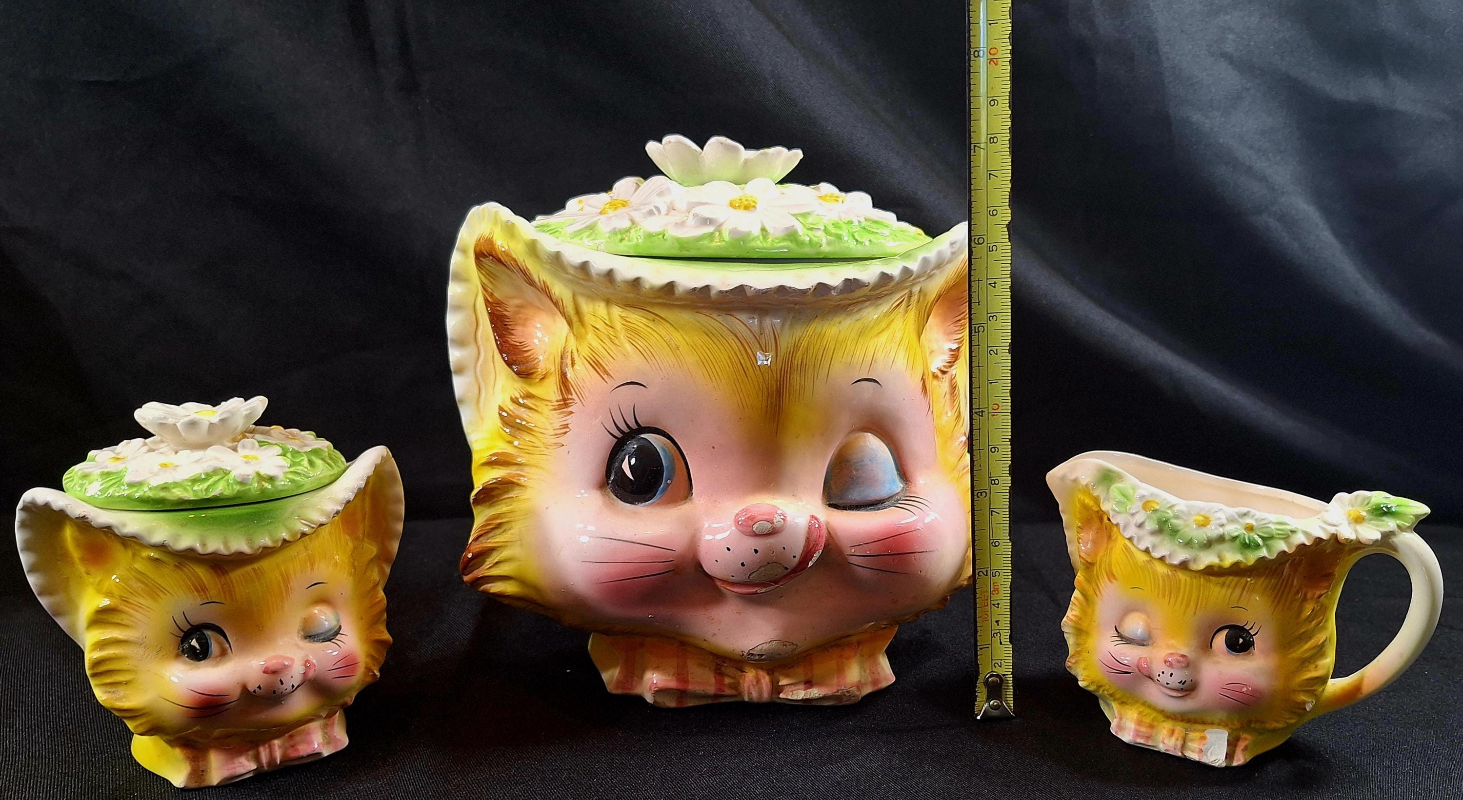 Vintage Enesco Winking Kitty Cat Set - Cookie Jar , Creamer, Sugar