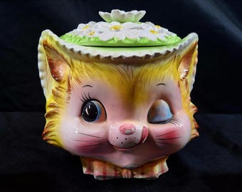 Vintage Enesco Winking Kitty Cat Set - Cookie Jar , Creamer, Sugar