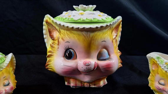 Vintage Enesco Winking Kitty Cat Set - Cookie Jar , Creamer, Sugar
