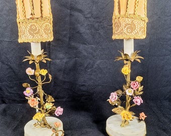 Pair of Antique Floral Alabaster & Gilt Boudoir Parlor Lamps Porcelain Roses