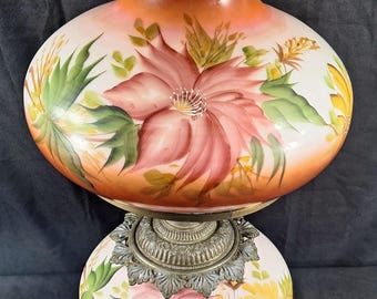 Vintage Gone With the Wind Hurricane Parlor Lamp 3 Way Pink Floral Hand Painted
