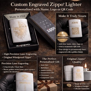 Encendedor ZIPPO® de cromo satinado personalizado con grabado láser. Encendedor original a prueba de viento. Regalo. imagen 1