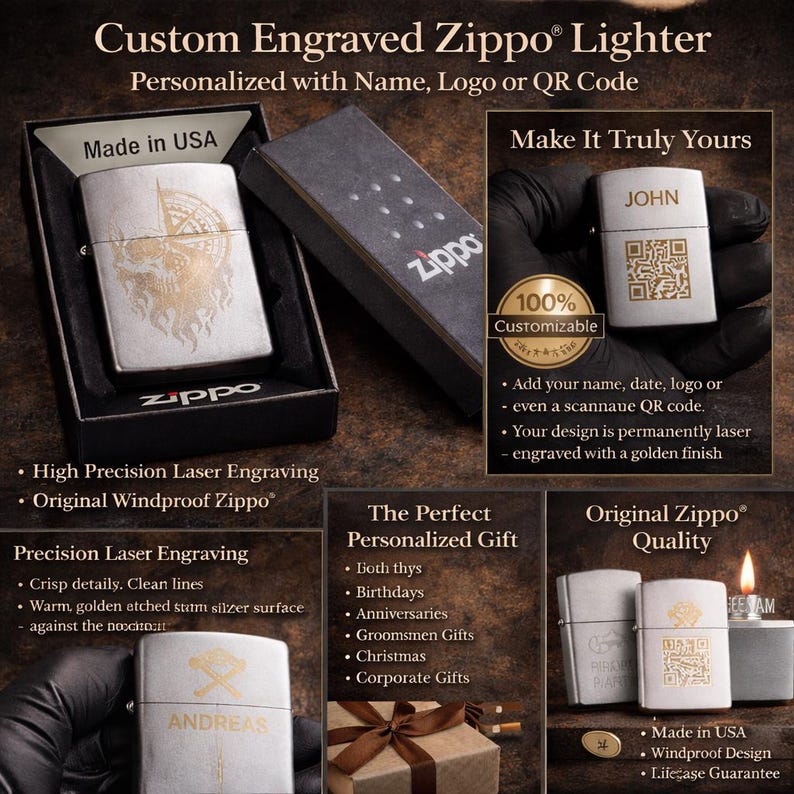 Encendedor ZIPPO® de cromo satinado personalizado con grabado láser. Encendedor original a prueba de viento. Regalo. imagen 1