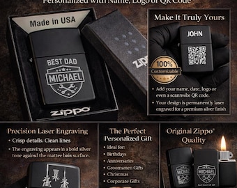 Encendedor ZIPPO® Media cromado negro mate personalizado con grabado láser, encendedor original a prueba de viento con contraste plateado, regalo