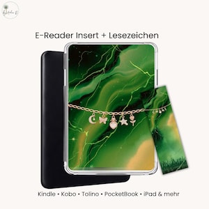May include: An e-reader insert and bookmark set. The insert has a green marble design with a gold chain of charms. The charms include a moon, butterfly, heart, star, and rose. The text "E-Reader Insert + Lesezeichen" is at the top.