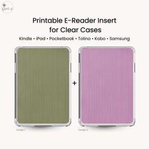 Könnte beinhalten: Zwei E-Reader-Einsätze für transparente Hüllen, einer in Olivgrün und einer in Lavendel, mit vertikal gerippten Texturen. Der Text lautet "Druckbarer E-Reader-Einsatz für transparente Hüllen" und listet kompatible Geräte auf.