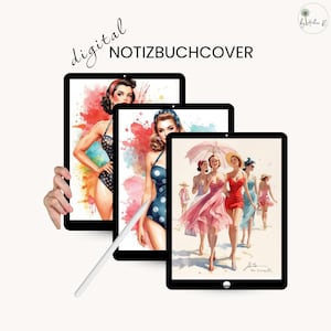 Könnte beinhalten: Digitale Notizbuch-Cover mit Vintage-Illustrationen von Frauen in Badeanzügen und Strandszenen. Die Cover zeigen Retro-Designs mit Aquarelleffekten, einschließlich des Textes "digital NOTIZBUCHCOVER".