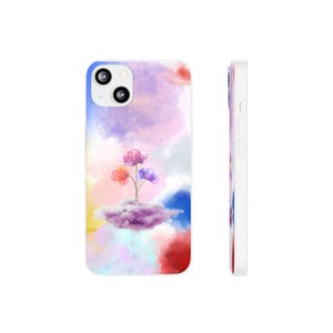 Peut inclure: Coque de téléphone blanche avec un motif aquarelle coloré. Le boîtier présente un motif floral avec des fleurs roses, oranges et violettes sur un nuage. Le fond est un mélange de couleurs pastel, dont le rose, le violet, le bleu et le jaune.