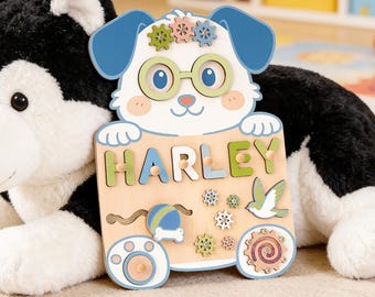 Rompecabezas personalizado con nombre de niño y perro, tablero de actividades personalizado para niños, juguete de madera para bebés y niños pequeños, regalo para el primer cumpleaños, regalo para el Día del Niño.