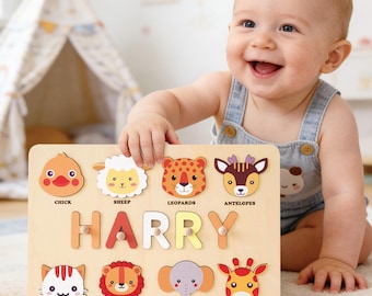 カスタムベビーボーイネームパズル、パーソナライズされたキッズビジーボード、モンテッソーリ玩具、1歳の誕生日プレゼント、木製幼児パズル玩具、1歳のクリスマスプレゼント