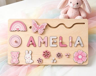 Custom Baby Girl Name Puzzle, Wooden Montessori Toys, Christmas Gifts for Toddlers, 1 year old gifts, Personalized 1st Girl birthday gifts