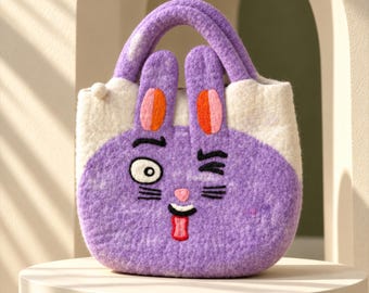 Textured Cat Motif Handbag with Rounded Handles, Colorful Animal and Polka Dot Designs
