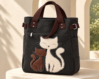 Two Cat Canvas Handbag with Textured Applique, Front Zip Pocket and Contrast Handles, Everyday Tote Christmas gift
